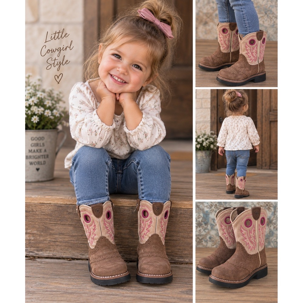 Ariat Fatbaby Girls Brown Suede Pink Embroidery Western Boots 10029757 Size 12